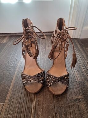 Bebe Suede Lace-Up Brown Heeled Sandals